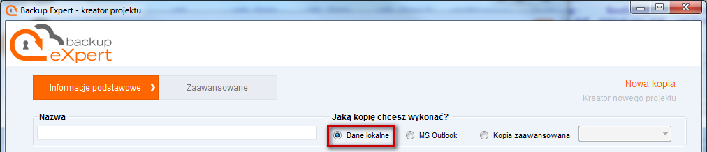 Desktop 26 Kreator projektu. W zależności o wybranego typu kopii, wygląd zakładki Informacje podstawowe będzie się różnił, a część opcji zaawansowanych może być nieaktywna.