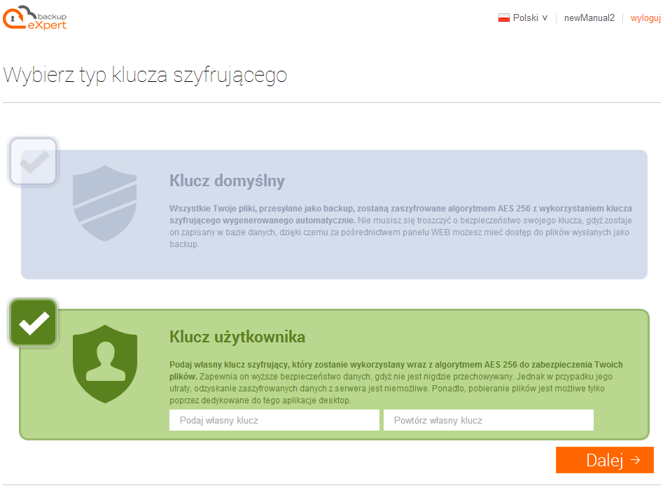 Interfejs WEB 5 Kreator pierwszego uruchomienia - wybór klucza szyfrującego.