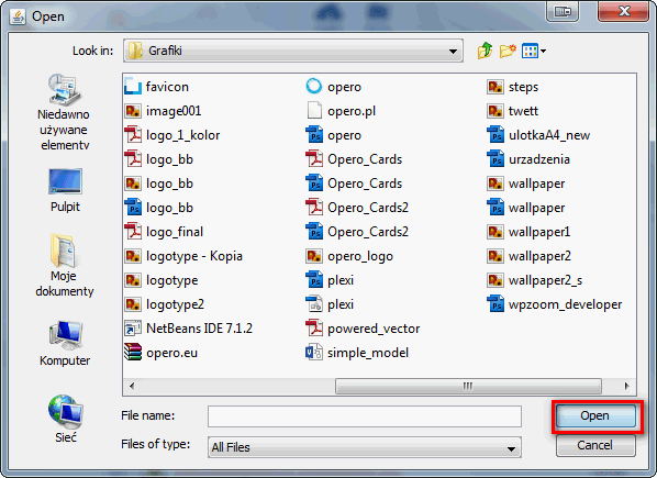 WEB 9 WEB - ikona wysyłki plików. Po uruchomieniu uploader a należy wybrać przycisk Wybierz pliki, aby wskazać pliki do wysyłki lub Anuluj, co spowoduje zamknięcie apletu.