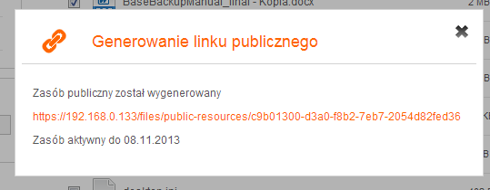 WEB 23 Ikona linku publicznego. W celu wygenerowania linku publicznego do wybranych zasobów należy je uprzednio zaznaczyć, a następnie kliknąć ikonę link znajdującą się nad listą plików.