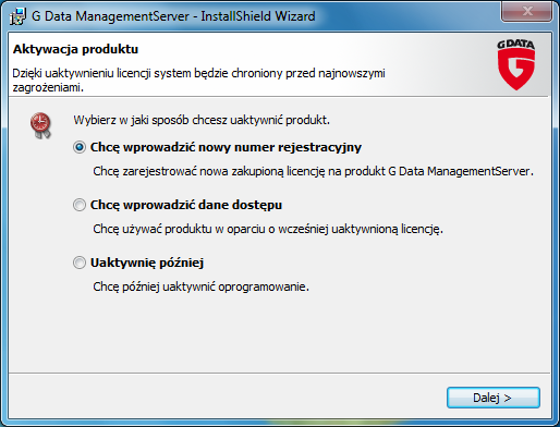 G Data AntiVirus ManagementServer 15 4.1.4 Aktywacja produktu Podczas instalacji program zapyta o metodę aktywacji produktu. Program będzie aktualizował się przez Internet po dokonaniu aktywacji.