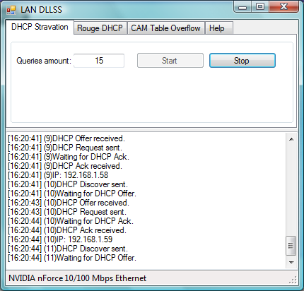 Atak DHCP Starvation Atak ten przeprowadzaliśmy na serwer DHCP znajdujący się w urządzeniu dostępowym Linksys WAG200G. Atakujący program w pętli prosi serwer DHCP o przydzielenie kolejnego adresu IP.