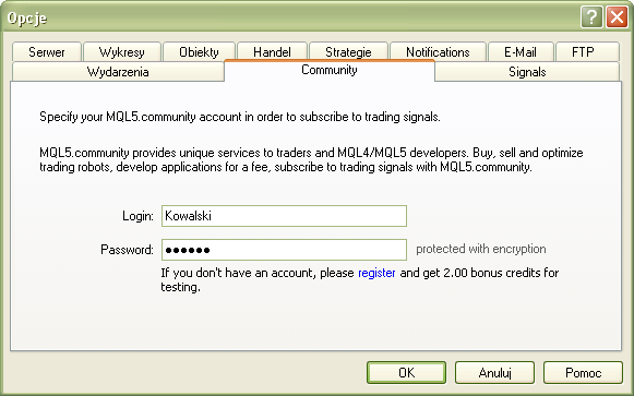 Aby zacząć korzystać z usługi Signal Trading wystarczy: 1. Zarejestrować bezpłatne konto w MQL5.community 2. Połączyć swoją platformę mforex Trader z kontem w MQL5.community 1.1 Otwarcie konta w MQL5.