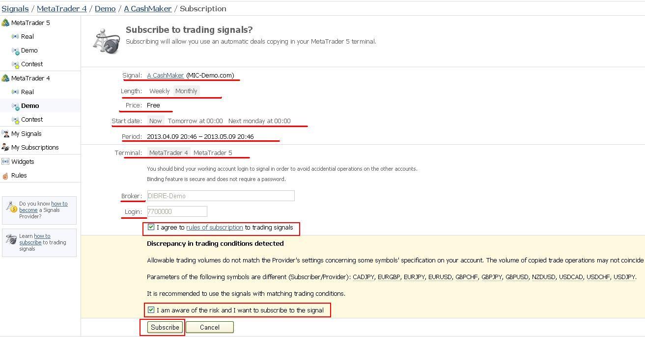 Następnie należy zaznaczyć I agree to rules of subscription to trading signals (zgadzam się na warunki dotyczące subskrypcji sygnałów) oraz kliknąć przycisk Subscribe.