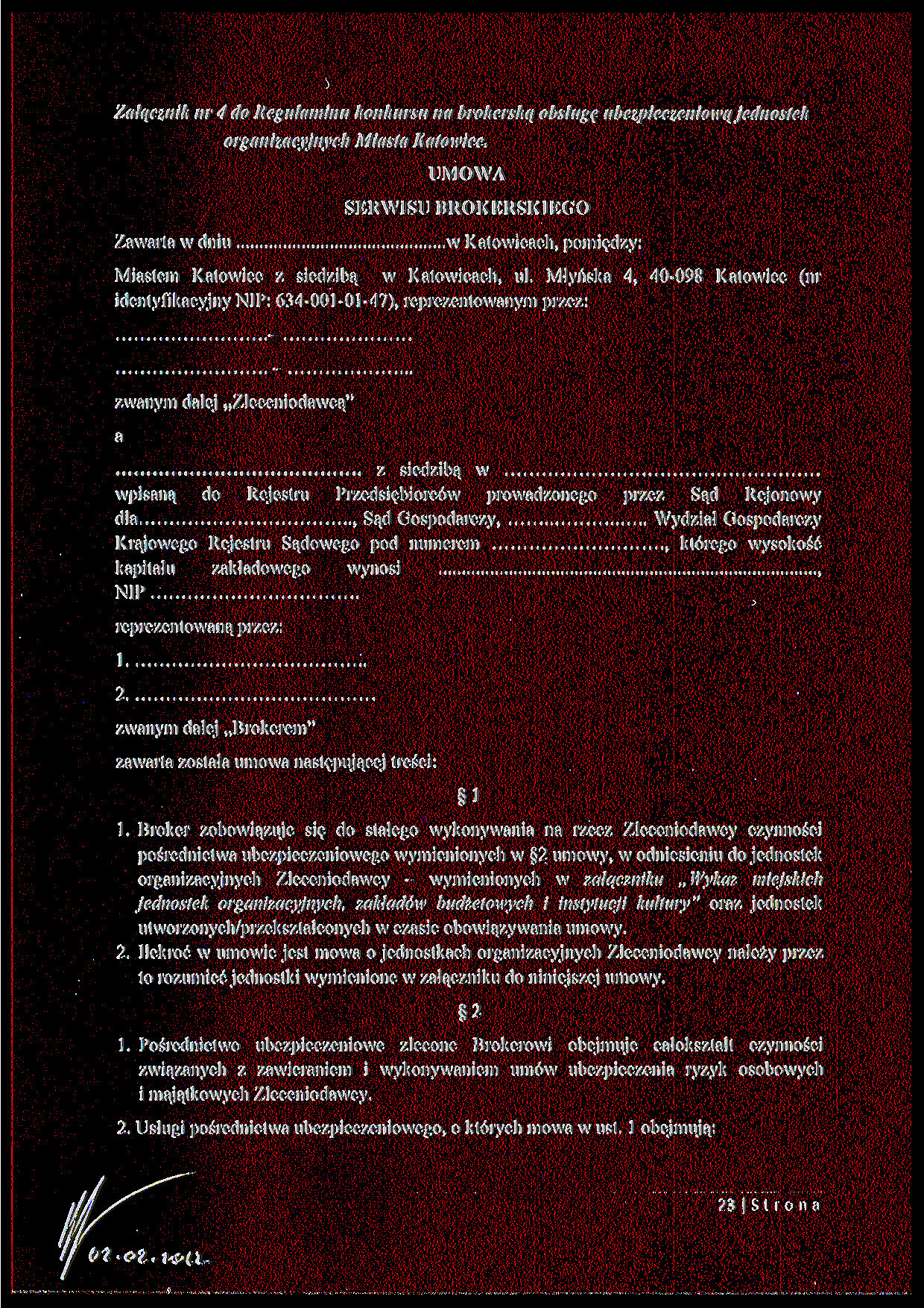 Załącznik nr 4 do Regulaminu konkursu na brokerską obsługę ubezpieczeniową jednostek organizacyjnych Miasta Katowice.