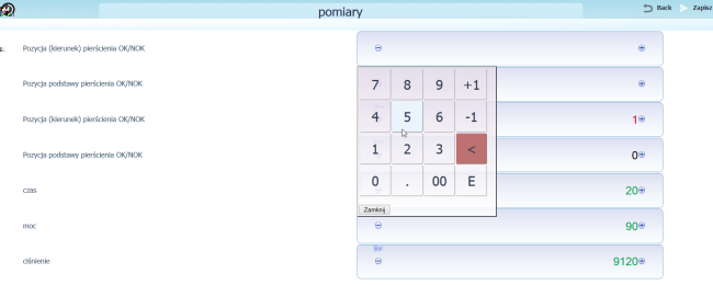 1.3 Pomiary 16 Pomiary jakości - przez pracownika i kontrolne W pola, które pojawiają się po zatwierdzeniu planowanego zlecenia, należy podać wyniki pomiarów.