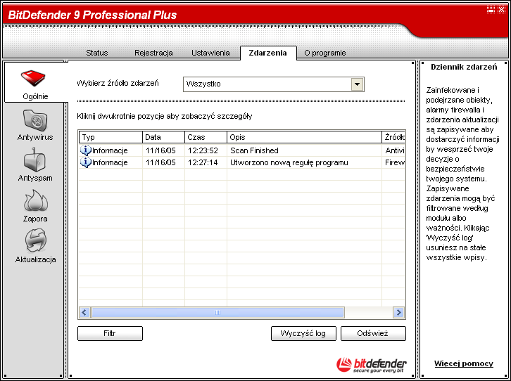 Moduł Ogólne 06 Dziennik zdarzeń Wszystkie zdarzenia wygenerowane przez BitDefender są wyświetlone w tej sekcji. Istnieją 3 typy zdarzeń: Informacje, Ostrzeżenie i Krytyczne.