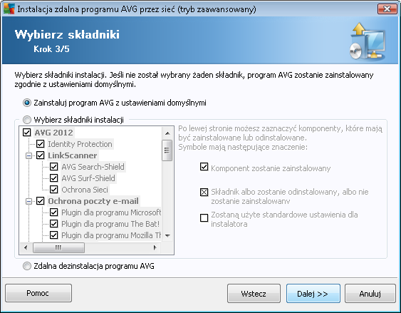 W tym kroku możliwy jest wybór między instalacją systemu AVG zgodnie z ustawieniami domyślnymi lub z niestandardowym zestawem składników.