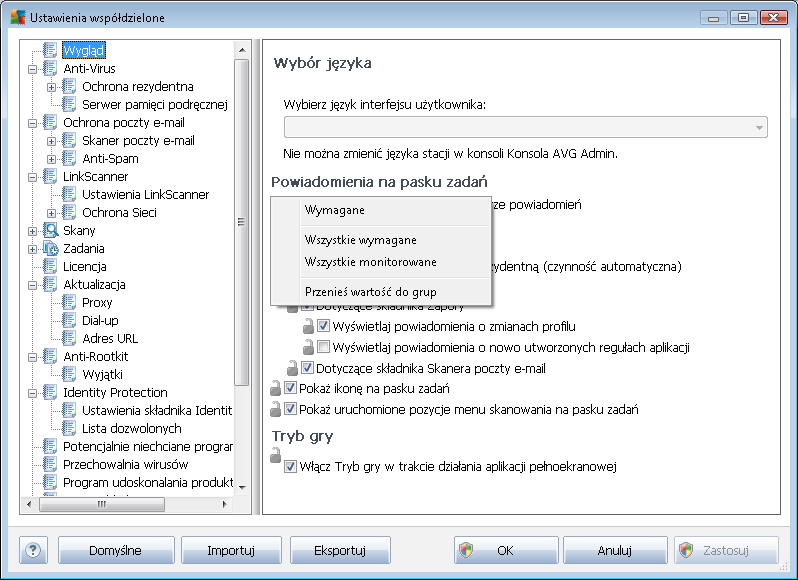 10. Konfiguracja Ten rozdział zawiera opis konfiguracji różnych elementów systemu AVG Anti-Virus Business Edition 2012. 10.1. Wspólne ustawienia dla stacji roboczych/grup To okno dialogowe umożliwia określenie wspólnych ustawień dla stacji roboczych.