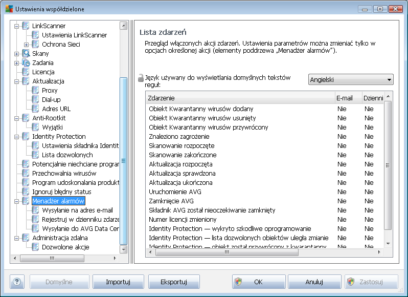 10.1.2. Ustawienia Menedżera alarmów Ustawienia Menedżera alarmów są dostępne tylko w programie AVG Admin Console (oznacza to, że nie są widoczne na stacjach roboczych AVG).