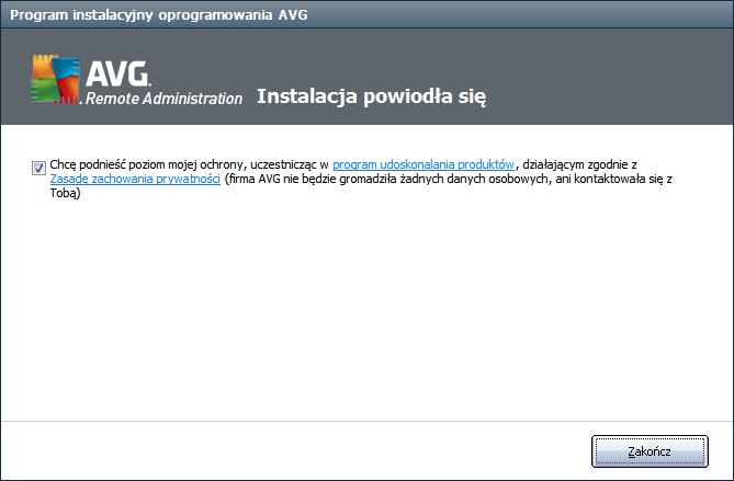 2.7. Instalacja zakończona Okno dialogowe Instalacja zakończona zostaje wyświetlone w celu potwierdzenia, że system AVG Anti-Virus Business Edition 2012 został pomyślnie zainstalowany wraz ze