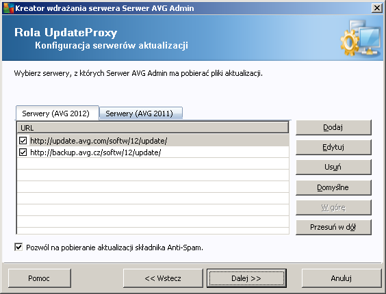 3.10.1. Serwery aktualizacji W tym oknie dialogowym możliwy jest wybór serwerów aktualizacji, z których program AVG Admin Server będzie pobierał pliki aktualizacyjne.
