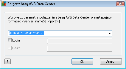 Ogólna struktura parametrów połączenia to http://adres_serwera:port, gdzie: adres_serwera to nazwa/adres serwera, na którym uruchomiony jest program AVG Admin Server; port to numer portu serwera AVG