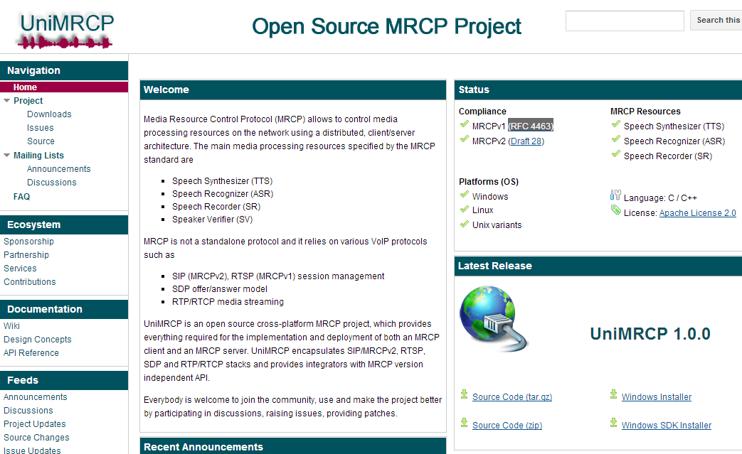Uni MRCP otwarta implementacja MRCP Implementacja rekomendacji MRCP Otwarta (Open Source) Implementacja przenośna Umożliwia uruchomienie serwera
