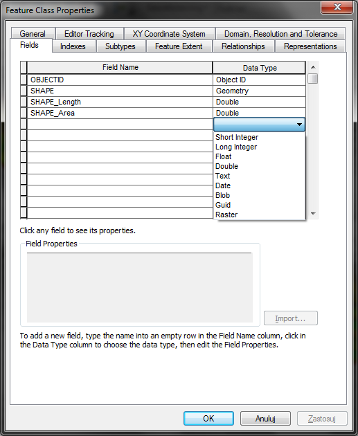 Rys. 27. Dodawanie pól w plikach shape. Rys. 28. Dodawanie pól w plikach Feature Class.
