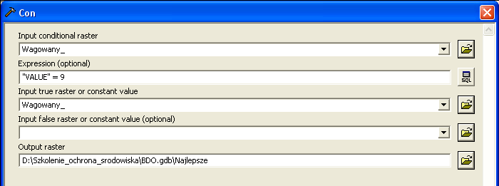 15. Rozwio grupę Conditional w Toolboxie i przeciągnij do modelu narzędzie Con; Jako Input conditional raster wybierz Wagowany; w polu Expression wybierz VALUE = 9; jako Input