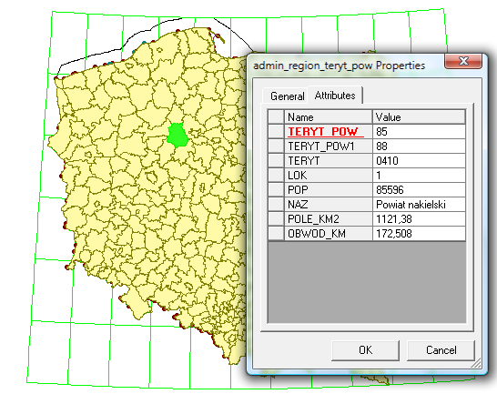 Dostęp do atrybutów opisowych obiektów można wykonad klikając dwukrotnie na wybrany obiekt za pomocą myszy