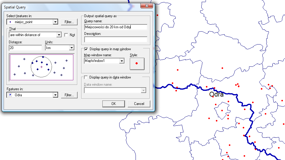 Przykład: Wskazad wszystkie miejscowości położone do 20 km od rzeki Odry w Polsce. Wynik: Dwiczenie praktyczne (opcjonalnie) Wskazad wszystkie jeziora w woj.
