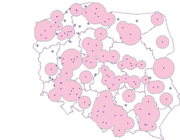 obiektu kolumną wartości tego promienia. Można użyd istniejącego atrybutu lub go zdefiniowad np. atrybutem funkcyjnym.