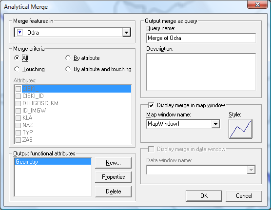 5.3 Scalanie analityczne (Analitical Merge) Opcja pozwala scalid w jeden obiekt wszystkie obiekty z danej tabeli lub spełniające zadany warunek atrybutowy lub przestrzenny.