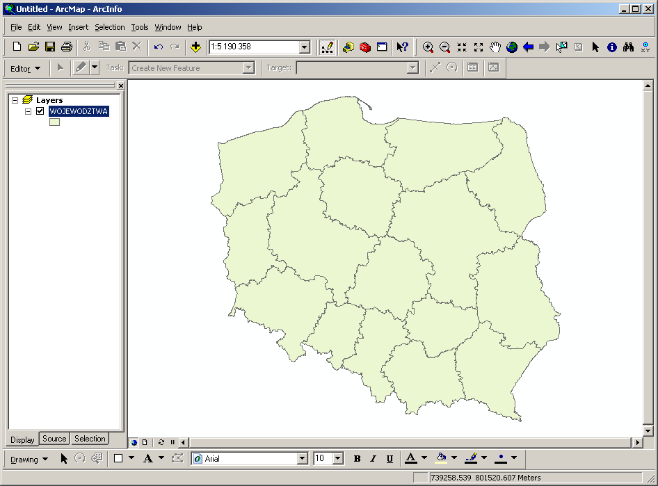 6.4 Zapoznanie się z podstawowymi funkcjami w ArcMap W celu rozpoczęcia pracy z menu Start należy wybrad polecenia w kolejności: Wszystkie programy, ArcGIS, ArcMap.