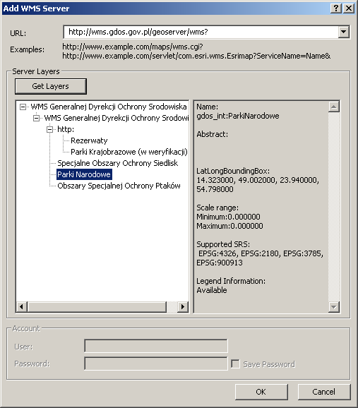 6.5 Korzystanie z serwisów WMS w ArcGIS Chcąc korzystad z zewnętrznych baz danych należy uzyskad dostęp do serwera WMS z poziomu ArcCatalog wybierając polecenie Dodaj Serwer WMS (Add WMS Server).