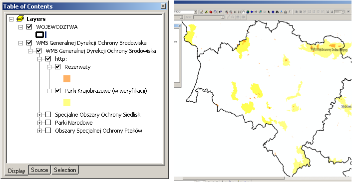 a następnie żądany serwer WMS. W oknie mapy pojawią się warstwy tematyczne udostępniane przez serwer WMS.