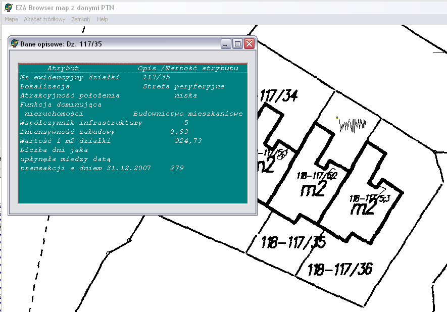 Odczytanie informacji opisowych umieszczonych na mapie rastrowej przy pomocy e- symbolu wymaga: 1) otworzenia danej mapy semantycznej w oknie aplikacji EAZ_Browser_Map_PTN, 2) wczytania alfabetu