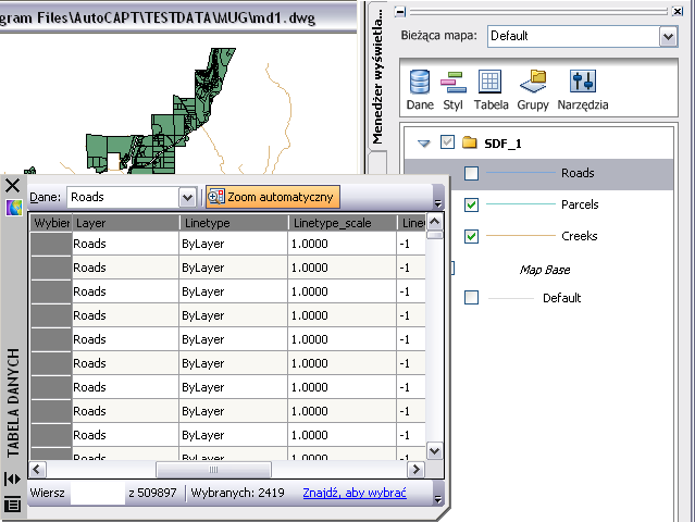 Sprawdzanie właściwości warstwy 1 W Menedżerze wyświetlania wybierz warstwę Drogi i kliknij opcję Tabela.
