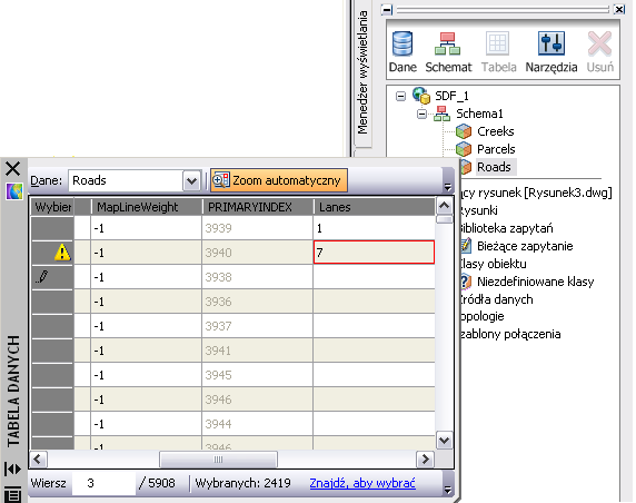 8 Kliknij przycisk OK i zamknij Edytor schematu. Nowe właściwości - wypełnianie danymi 1 W Eksploratorze mapy wybierz pozycję Drogi i kliknij opcję Tabela.