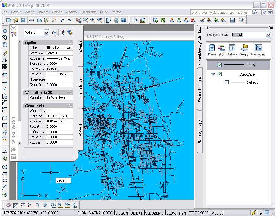 Wybieranie obszaru roboczego Domyślnym obszarem roboczym samouczka jest obszar Map 3D dla danych geoprzestrzennych, chyba że zostanie podany inny obszar. Jest to domyślny obszar roboczy.