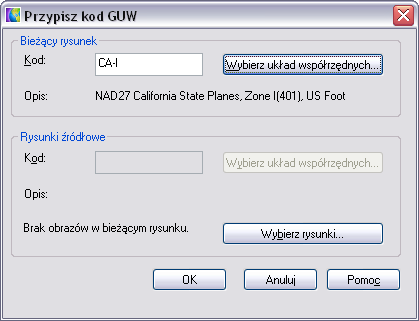 Określ kod układu współrzędnych UWAGA Aby wyszukać kod określonego układu współrzędnych, kliknij przycisk Wybierz układ współrzędnych w tym oknie dialogowym i wybierz układ współrzędnych według