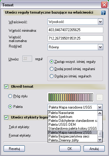 Jako temat powierzchni wybrana została paleta o nazwie Mapa narodowa USGS Kliknij przycisk OK, a następnie kliknij przycisk Zastosuj i zamknij Edytor stylów.