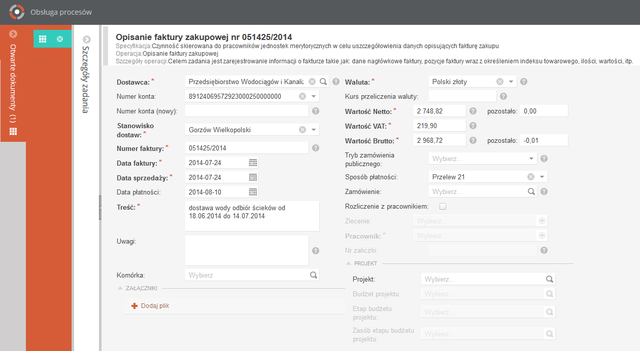 2.3.4.1 Dane nagłówkowe faktury W przypadku opisu faktury przez jednostkę merytoryczną istnieje możliwość definiowania danych nagłówkowych analogicznie jak w przypadku opisu faktury przez Kancelarię.