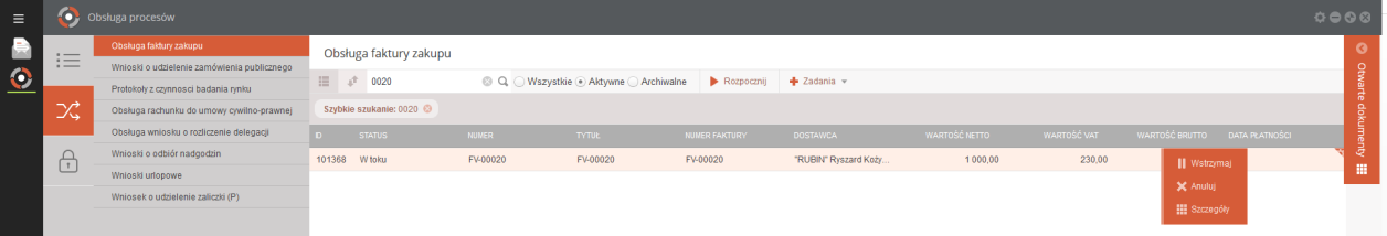 Rysunek 1 Okno rejestracji procesu z poziomu modułu Kancelaria Proces Obsługa faktury zakupu wybrany jest automatycznie.