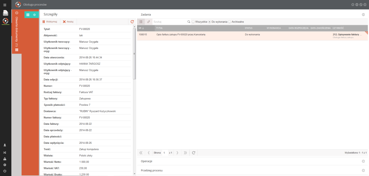 listę zadań do wykonania, listę operacji wykonanych w ramach procesu oraz możliwość podglądu przebiegu procesu. Rysunek 3 Okno szczegółów procesu obsługi faktury zakupu 2.