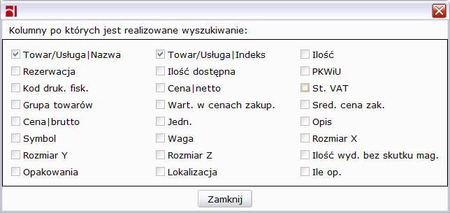 które pozycje mają być wyświetlane w panelu, odpowiednio towary oraz usługi. Dodatkowo moŝna zmaksymalizować okno panelu na cały obszar okna głównego i wybrać, które kolumny mają zostać wyświetlone.