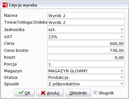 MoŜna zdefiniować nowy wyrób: Rysunek 176: Dodawanie wyrobu Parametry wyrobu widać na ekranie.