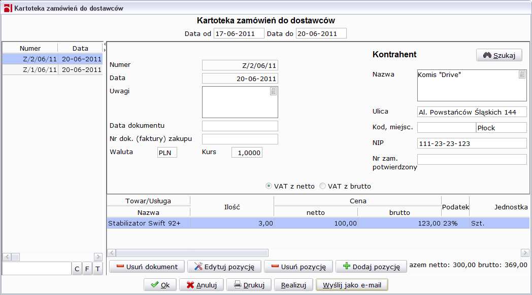 edytowane zamówienie jako wzorzec zamówienia dla danego klienta i moŝe być wykorzystane w przyszłości poprzez wczytanie zapamiętanego wzorca.