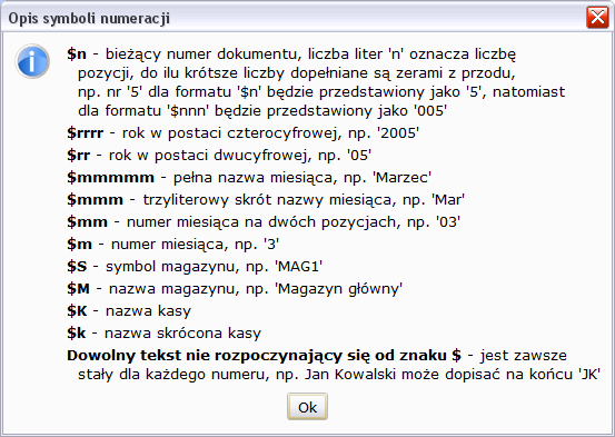 Rysunek 16: Opis symboli numeracji Liczba kopii pozwala ustawić ilość drukowanych dokumentów (domyślna wartość 1 powoduje wydruk oryginał/kopia na fakturze, ustawienie wartości 2 wydrukuje dwie