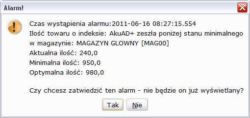 Rysunek 51: Wyświetlony alarm 4. Słowniki Program INFOR System oparty jest na słowikach, dlatego posiada bardzo szerokie wsparcie w postaci róŝnorakich słowników.