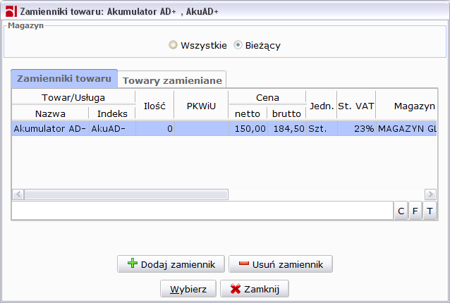 Rysunek 132: Wybór opakowań zbiorczych 6.20.5. Zamienniki Obsługa zamienników pozwala na sprzedaŝ innych towarów niŝ Ŝądane, które są zamiennikami wybranego towaru.