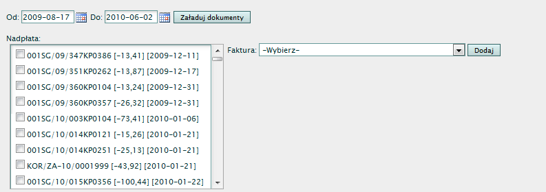 Rysunek 2 W celu przystąpienia do kojarzenia nadpłaty postępujemy kolejno: 1. wybieramy dokumenty nadpłat z listy (patrz Rysunek 3).