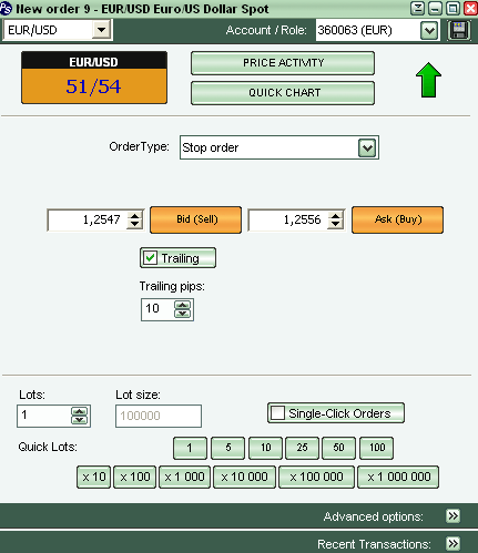 Formularz nowe zlecenie trailing stop Wprowadzanie Na przykład: Trzymamy kontrakt EUR/USD. Nasza pozycja jest zaznaczona żółtą linią. Chronimy naszą pozycję trailing stopem w odstępie 10 Pipsów.