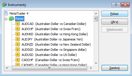 Uwaga! Jeśli chcemy mied dostępną większą ilośd par walutowych, to klikamy CTRL+U, następnie dwukrotnie na Forex, a na koocu przycisk Pokaż.