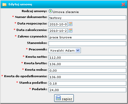 Rozdział 3. Umowy, Kadry, Użytkownicy 3.1 Umowy OPCJE ZAKŁADKI: 3.1.1 umowy Podobnie jak we wcześniejszych opcjach, zakładka umowy pokazuje zestawienie wszystkich umów wygenerowanych przez program (rys.