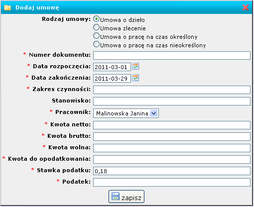 3.1.2 dodaj umowę Zakładka dodaj umowę pozwala na stworzenie umowy dla pracownika.