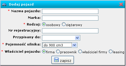 Opcja umożliwia dodawanie pojazdów, tabela umożliwia wprowadzenie takich danych jak: nazwa pojazdu wraz z rodzajem oraz marką, numer rejestracyjny, właściciela, osobę