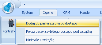 Podręcznik Użytkownika systemu Comarch OPT!MA Str. 13 Rys. Dodawanie do paska szybkiego dostępu Gdy dodamy będzie to wyglądało tak: 2.1.2 Praca z klawiaturą i będzie zawsze widoczne w pasku.