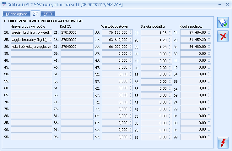 Str. 260 Moduł Handel v. 2012.5.1 Rys. Deklaracja AKC-WW zakładka 2. C Na trzeciej zakładce C-D znajdują się pola dotyczące wyliczenia kwoty podatku akcyzowego: 105.